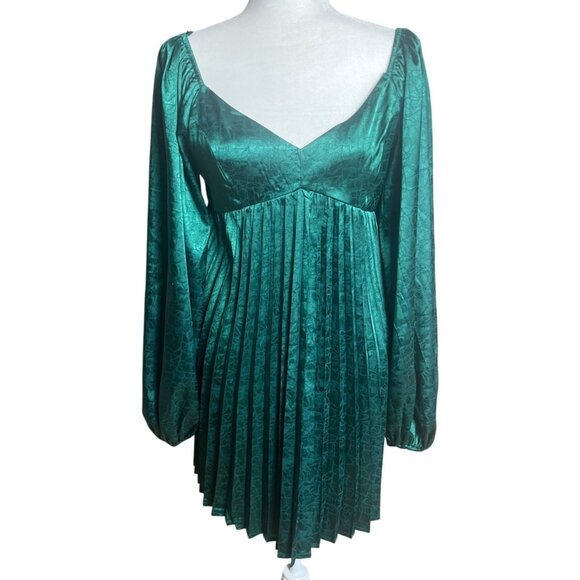 Flying Tomato Dress Mini Green Satin Empire Pleated Night Out Womens M - Picture 1 of 10